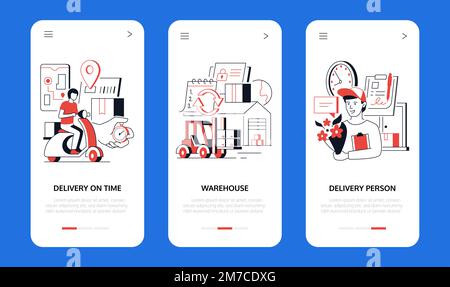 Livraison à temps - mise en place de bannières style design de ligne Illustration de Vecteur