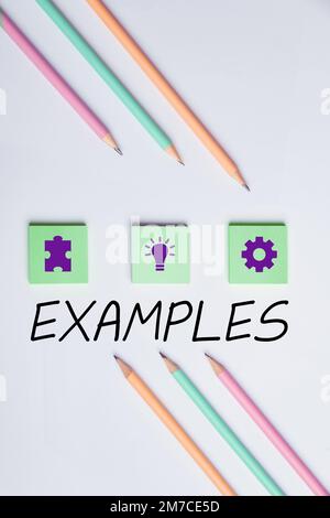 Légende de texte présentant des exemples. Exemple de modèle de photo d'idée d'entreprise à suivre Guide Explication par exemple Banque D'Images