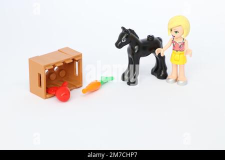 un cheval noir avec une caisse contenant une carotte et une pomme. LEGO Minifigure fille Banque D'Images