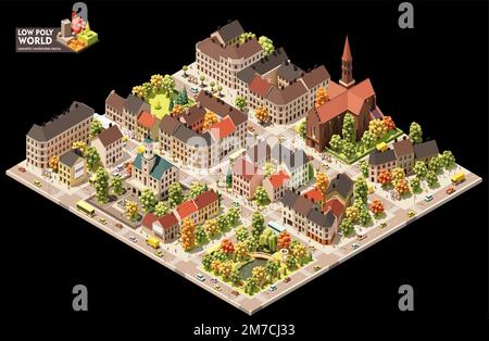 Ensemble de création de cartes vectorielles isométriques. Éléments de carte combinables. Plan de la ville ou du centre-ville. Bâtiments et rues de la vieille ville Illustration de Vecteur