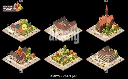 Ensemble de création de cartes vectorielles isométriques. Éléments de carte combinables. Plan de la ville ou du centre-ville. Bâtiments et rues de la vieille ville Illustration de Vecteur