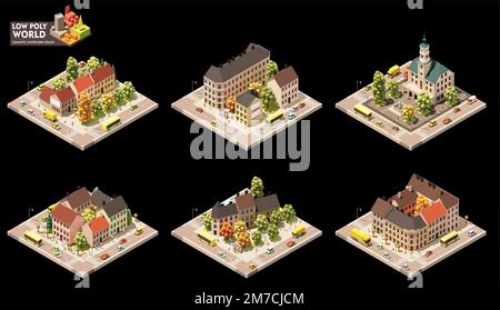 Ensemble de création de cartes vectorielles isométriques. Éléments de carte combinables. Plan de la ville ou du centre-ville. Bâtiments et rues de la vieille ville Illustration de Vecteur