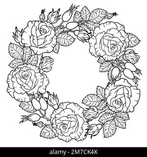 Une couronne de fleurs de rose, de baies, de branches et de feuilles entrelacées. Livre de coloriage vectoriel pour adultes, éléments pour la conception d'emballages rétro de cosmétiques, Illustration de Vecteur