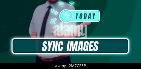 Symbole de texte indiquant les images synchronisées. Concept professionnel rendant les photos identiques sur tous les appareils accessibles n'importe où Banque D'Images