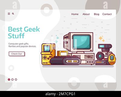 Vintage Geek Gaming Stuff Banner in Line Art Illustration de Vecteur