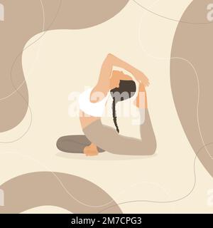 Le Roi de yoga Pigeon pose une jeune femme sur une bannière marron pastel, style boho. Illustration vectorielle Illustration de Vecteur