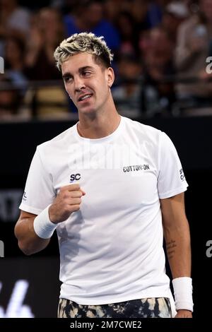 Adélaïde, Australie, 9 janvier 2023. Thanasi Kokkinakis, Australie, célèbre la victoire du match international de tennis d'Adélaïde entre Thanasi Kokkinakis, Australie, et Alexei Popyrin, Australie, à Memorial Drive on 09 janvier 2023, Adélaïde, Australie. Crédit : Peter Mundy/Speed Media/Alay Live News Banque D'Images