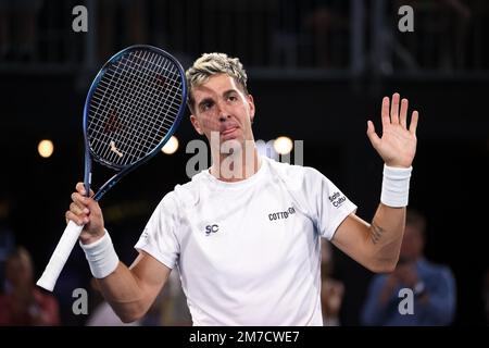 Adélaïde, Australie, 9 janvier 2023. Thanasi Kokkinakis, Australie, célèbre la victoire du match international de tennis d'Adélaïde entre Thanasi Kokkinakis, Australie, et Alexei Popyrin, Australie, à Memorial Drive on 09 janvier 2023, Adélaïde, Australie. Crédit : Peter Mundy/Speed Media/Alay Live News Banque D'Images