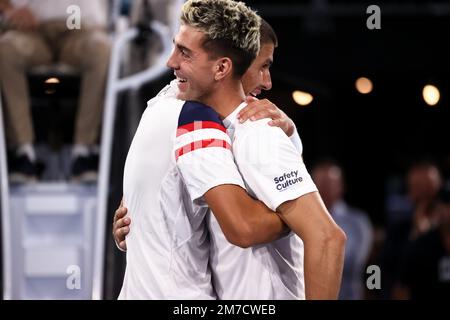 Adélaïde, Australie, 9 janvier 2023. Thanasi Kokkinakis, Australie, célèbre la victoire du match international de tennis d'Adélaïde entre Thanasi Kokkinakis, Australie, et Alexei Popyrin, Australie, à Memorial Drive on 09 janvier 2023, Adélaïde, Australie. Crédit : Peter Mundy/Speed Media/Alay Live News Banque D'Images