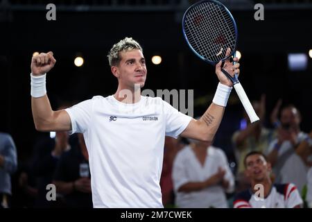 Adélaïde, Australie, 9 janvier 2023. Thanasi Kokkinakis, Australie, célèbre la victoire du match international de tennis d'Adélaïde entre Thanasi Kokkinakis, Australie, et Alexei Popyrin, Australie, à Memorial Drive on 09 janvier 2023, Adélaïde, Australie. Crédit : Peter Mundy/Speed Media/Alay Live News Banque D'Images