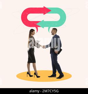 Collage d'art contemporain. Conception conceptuelle. Homme et femme, propriétaires d'entreprise qui se secouent la main symbolisant le partenariat et la coopération Banque D'Images