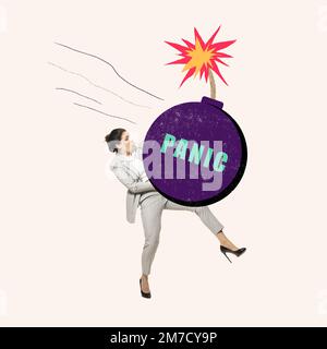 Collage d'art contemporain. Conception conceptuelle. Femme, employée transportant une illusion de bombe symbolisant la panique de travail. Délais Banque D'Images