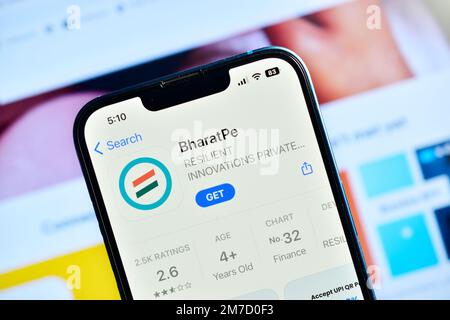 New Delhi, Inde – 07 janvier 2023 : application Bharatpe utilisée pour recevoir de l'argent de n'importe quelle application upi sans aucun frais Banque D'Images