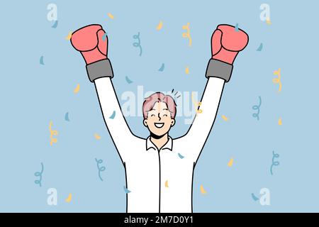 Homme d'affaires plein de joie en gants de boxe célèbrent le succès d'affaires ou de gagner. Un employé ou un travailleur souriant triomphe avec victoire. Illustration vectorielle. Illustration de Vecteur