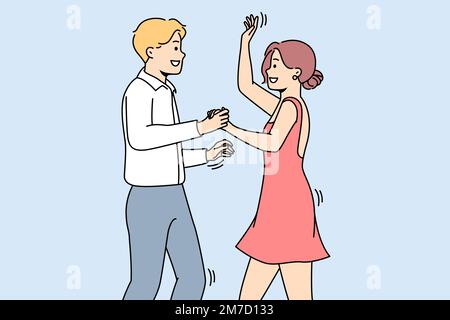 Homme souriant et femme dansant ensemble en s'amusant. Un couple heureux se produit à la compétition de danse. Passe-temps et profession. Illustration vectorielle. Illustration de Vecteur