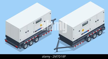 Remorque de générateur isométrique, générateurs industriels isolés sur fond blanc illustration vectorielle 3D. Générateur diesel industriel. Veille Illustration de Vecteur