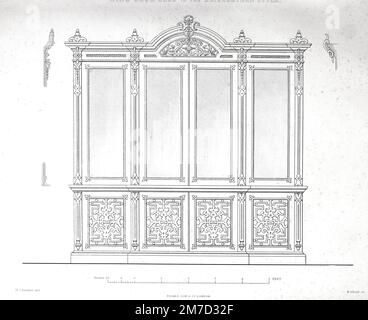 Bibliothèque d'aile dans le style élisabéthain, avec des panneaux de fret ouverts dans la partie inférieure. Aucune projection de la rupture n'est donnée, car cela doit dépendre des circonstances de la trésorerie du cabinet et du tapissier de design : maison-mobilier et assistant de décoration : dans le grec, italien, Renaissance, Louis-Quatorze, gothique, Les styles Tudor et élisabéthain : parsemés de dessins exécutés pour les palais royaux, et pour certaines des principales demeures de la noblesse et du gentry, et des maisons de club de Henry Whitaker, 1847 Banque D'Images