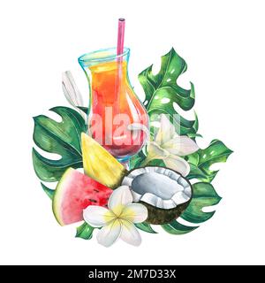 Cocktail alcoolisé avec fruits, feuilles tropicales et fleurs. Illustration aquarelle. Composition du bar DE LA collection BEACH. Pour la décoration et Banque D'Images