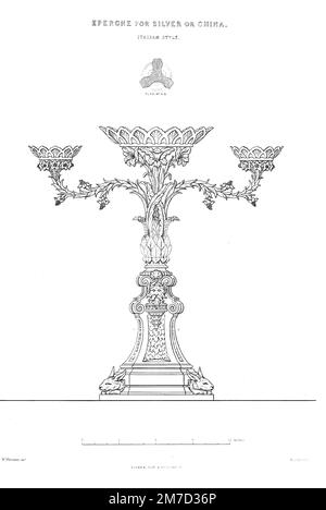 Epergne dans le style italien ; la base est triangulaire, à l'exception du membre le plus bas, qui est rond. Le plat central est soutenu par six fleurs du Gladiolus ! Antwerpiensis. Les petits plats sont soutenus par des fleurs étoiles, avec cinq pétales et un ensemble de filaments chacun, et les fleurs sur les branches sont du même caractère. La légèreté avec laquelle la chine est exécutée maintenant, laisse dans l'espoir de voir les conceptions de la description actuelle exécutées dans ce matériel; ivith un peu de gestion par le modélisateur, la branche pourrait être suffisamment forte. Du fabricant d'armoires pratique & U. Banque D'Images