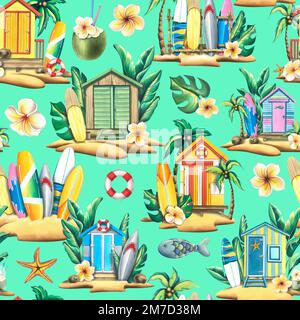 Planches de surf, maisons de plage en bois, plantes tropicales et fleurs. Illustration aquarelle. Motif fluide sur fond turquoise depuis LE SURF Banque D'Images