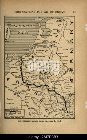 Ligne de bataille occidentale, 1 janvier 1915 d'après le livre The Story of the Great War; The Complete history of events to ce jour, LES DOCUMENTS DIPLOMATIQUES ET D'ÉTAT de Reynolds, Francis Joseph, 1867-1937; Churchill, Allen Leon; Miller, Francis Trevelyan, 1877-1959; Wood, Leonard, 1860-1927; Knight, Austin Melvin, 1854-1927; Palmer, Frederick, 1873-1958; Simonds, Frank Herbert, 1878-; Ruhl, Arthur Brown, 1876- Volume III publié en 1920 Banque D'Images