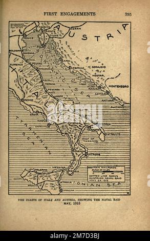 Littoraux de l'Italie et de l'Autriche, montrant le RAID naval en mai 1915, tiré du livre The Story of the Great War; The Complete history of events to date DIPLOMATIQUES ET LES DOCUMENTS D'ÉTAT par Reynolds, Francis Joseph, 1867-1937; Churchill, Allen Leon; Miller, Francis Trevelyan, 1877-1959; Wood, Leonard, 1860-1927; Knight, Austin Melvin, 1854-1927; Palmer, Frederick, 1873-1958; Simonds, Frank Herbert, 1878-; Ruhl, Arthur Brown, 1876- Volume III publié en 1920 Banque D'Images