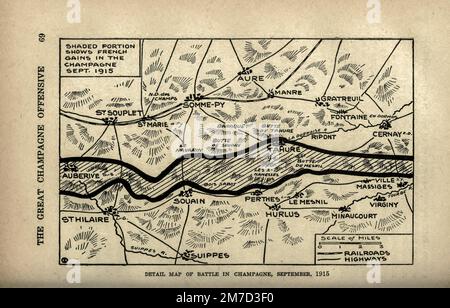 Battle in Champagne, septembre 1915 carte tirée du livre The Story of the Great War; The Complete history of events to date DIPLOMATIQUES AND STATE PAPERS de Reynolds, Francis Joseph, 1867-1937; Churchill, Allen Leon; Miller, Francis Trevelyan, 1877-1959; Wood, Leonard, 1860-1927; Knight, Austin Melvin, 1854-1927; Palmer, Frederick, 1873-1958; Simonds, Frank Herbert, 1878-; Ruhl, Arthur Brown, 1876- Volume IV publié en 1916 Banque D'Images