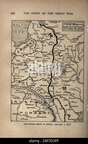 Le front de bataille en Russie, 1 janvier 1916 carte tirée du livre The Story of the Great War; The Complete history of events to date DIPLOMATIQUES AND STATE PAPERS by Reynolds, Francis Joseph, 1867-1937; Churchill, Allen Leon; Miller, Francis Trevelyan, 1877-1959; Wood, Leonard, 1860-1927; Knight, Austin Melvin, 1854-1927; Palmer, Frederick, 1873-1958; Simonds, Frank Herbert, 1878-; Ruhl, Arthur Brown, 1876- Volume IV publié en 1916 Banque D'Images