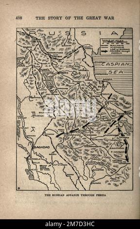 La Russie avance par la Perse carte de l'ouvrage The Story of the Great War; The Complete history of events to date DIPLOMATIQUES AND STATE PAPERS by Reynolds, Francis Joseph, 1867-1937; Churchill, Allen Leon; Miller, Francis Trevelyan, 1877-1959; Wood, Leonard, 1860-1927; Knight, Austin Melvin, 1854-1927; Palmer, Frederick, 1873-1958; Simonds, Frank Herbert, 1878-; Ruhl, Arthur Brown, 1876- Volume IV publié en 1916 Banque D'Images