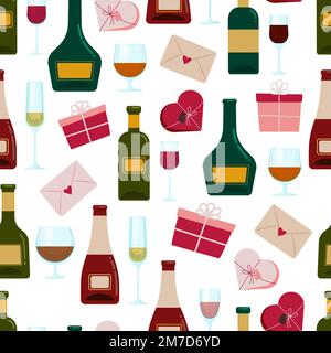Bouteilles et verres à vin et cadeaux motif sans couture, motif romantique avec enveloppes Saint-Valentin. Arrière-plan vectoriel Illustration de Vecteur