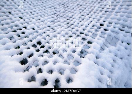 Plantes sur un allotissement devenir couverte d'une couche de neige épaisse, à l'exception du fait que certains d'entre eux sont protégés par l'utilisation de grillages et fil qui conserve une partie de l'hiver des températures de gel et de la glace de la plantes ci-dessous. Banque D'Images