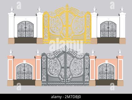 Ensemble de balustrades de balcon. Maison vintage moderne façade avec balcon ou entrée de porte dans le territoire privé, clôtures de terrasse. Architecture extérieure ornementale Illustration de Vecteur