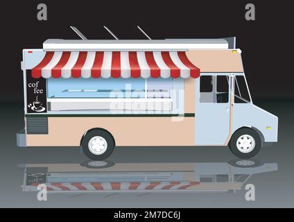 Camions de nourriture voitures vectorielles isolées, fourgonnettes de dessin animé pour la vente de nourriture de rue. Café restaurant sur roues, transport avec menu fastfood tableau noir, pizza Illustration de Vecteur