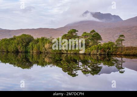 Loch cul Dromannan réflexions, avec sommet de la crête de Ben More Coigach au loin - péninsule de Coigach, Wester Ross, Highland, Écosse, Royaume-Uni Banque D'Images