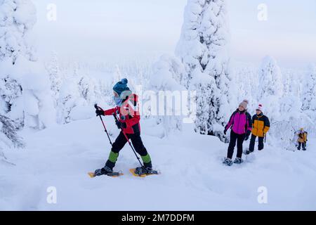 Une raquette familiale sur un sentier d'hiver dans la forêt gelée, le parc national d'Oulanka, Ruka Kuusamo, Laponie, Finlande Banque D'Images