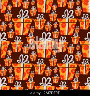 Motif sans couture avec cadeaux sur fond noir. Motif brillant contrasté sans couture pour le papier d'emballage, la papeterie et les textiles. Illustration de Vecteur