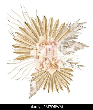 Bouquet d'aquarelles de fleurs tropicales exotiques de style boho. Illustration dessinée à la main avec des feuilles de palmier séchées, des orchidées et de l'herbe de pampas. Dessin isolé pour les invitations de mariage ou les cartes de vœux. Banque D'Images