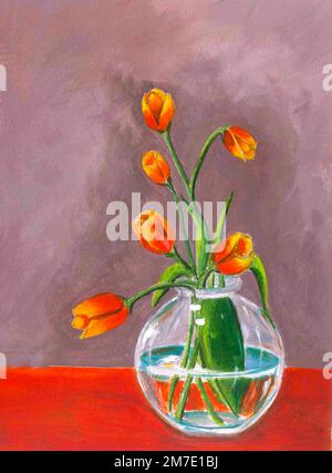 Tulipes orange dans un vase en verre. Peinture d'art acrylique. Vie en acrylique. Banque D'Images