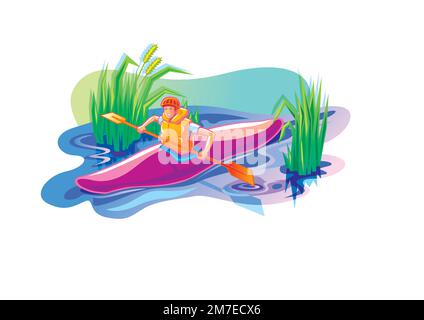 Un homme flotte sur l'eau dans un kayak. Illustration vectorielle de style plat. Illustration de Vecteur