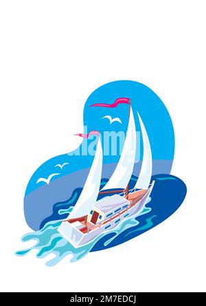 Le bateau navigue sur la mer. Illustration vectorielle de style plat. Illustration de Vecteur