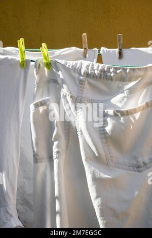 Linge frais séchage sur une ligne de lavage dans un jardin avec short blanc, pantalon et vêtements maintenus en place avec des chevilles en plastique. Banque D'Images