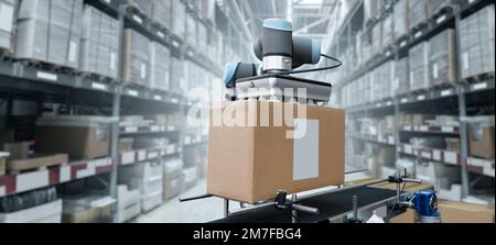 Le bras robot déplace les boîtes dans un entrepôt automatique. Concept Banque D'Images