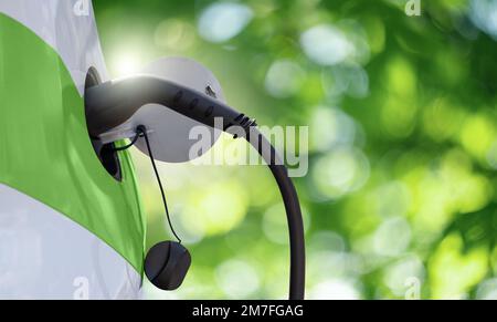 Gros plan de la prise électrique de la voiture avec un câble de charge connecté sur fond vert Banque D'Images