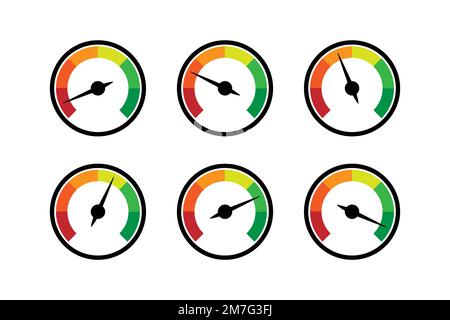 Icônes de compteur de vitesse en couleur. Ensemble de compteurs de vitesse colorés. Illustration vectorielle sur fond blanc . Collection plate de tachymètres. 10 eps Illustration de Vecteur