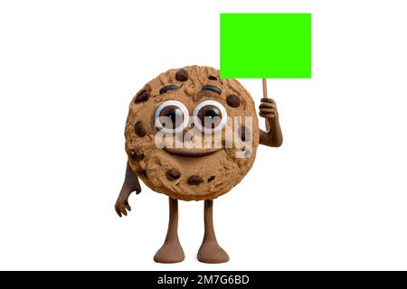 Biscuit amusant avec un placarde de clé Chroma vert sur un bâton de bois – Illustration numérique 3D isolée sur fond blanc Banque D'Images