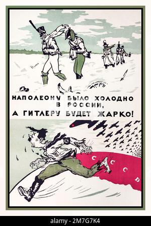 Affiche de propagande soviétique russe de la Seconde Guerre mondiale 'Napoléon a été froid en Russie, et Hitler sera chaud! ' Hitler en course à partir de l'URSS soviétique avion WW2 1941 Front de l'est opération Barbarossa Banque D'Images