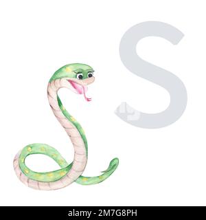 Lettre S, serpent, animal mignon des enfants, alphabet ABC. Illustration aquarelle isolée sur fond blanc. Peut être utilisé pour l'alphabet ou les cartes pour les enfants Banque D'Images