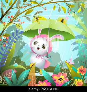 Lapin ou lapin avec parasol sous la pluie dans la forêt Illustration de Vecteur