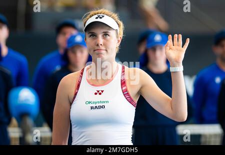 Linda Noskova de la République tchèque lors de la cérémonie de remise des trophées après la finale du 2023 tournoi international d'Adélaïde 1, WTA 500 sur 8 janvier 2023 à Adélaïde, Australie - photo : Rob Prange/DPPI/LiveMedia Banque D'Images