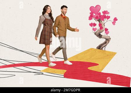 Illustration créative composite collage photo de deux belles personnes mains ensemble marchant près de l'arbre amour Saint-Valentin coeurs isolés sur fond beige Banque D'Images